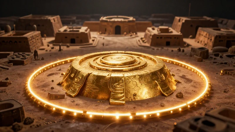 Artefacto dorado antiguo con iluminación dramática