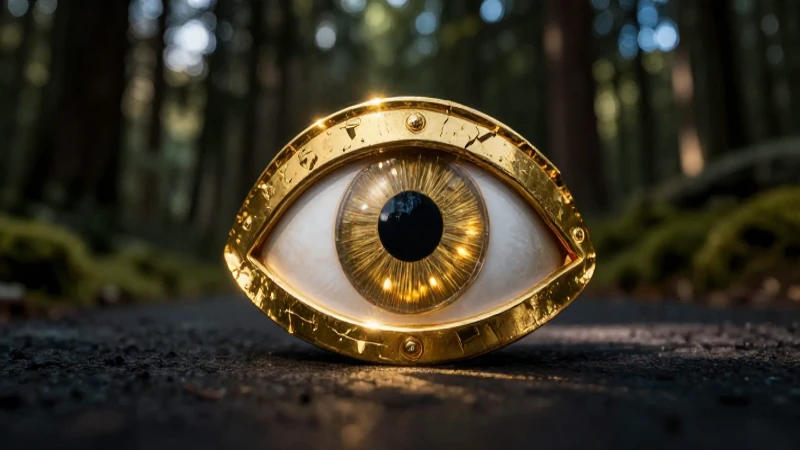 Orfebrería dorada en bosque, iluminación dramática