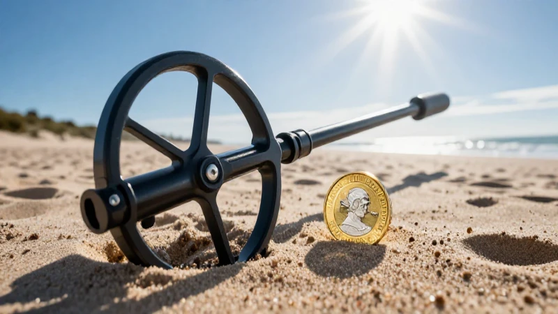 Moneda dorada brilla en la arena