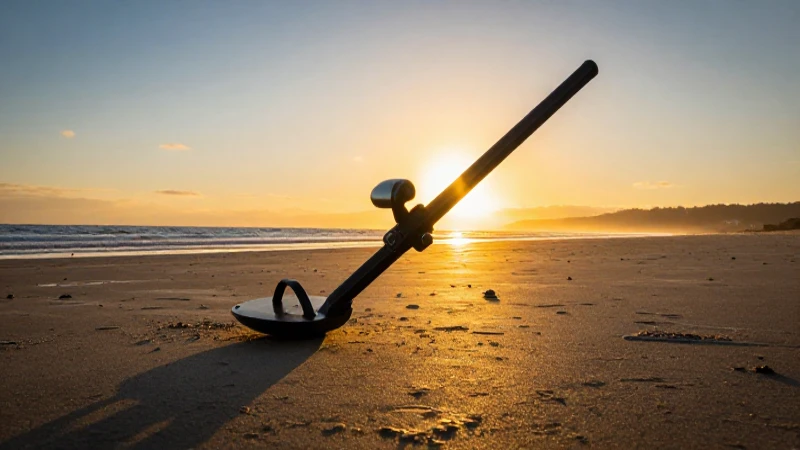 Atardecer dorado ilumina metal detector en la playa
