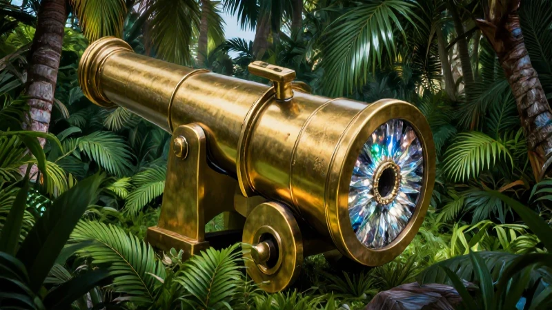 Cañón de bronce con diamante y ambiente selvático