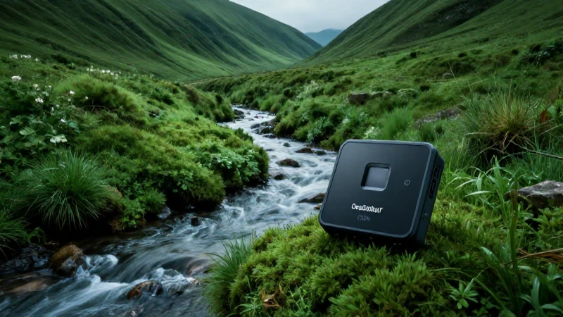 Paisaje exuberante con dispositivo geo-localizador destacado