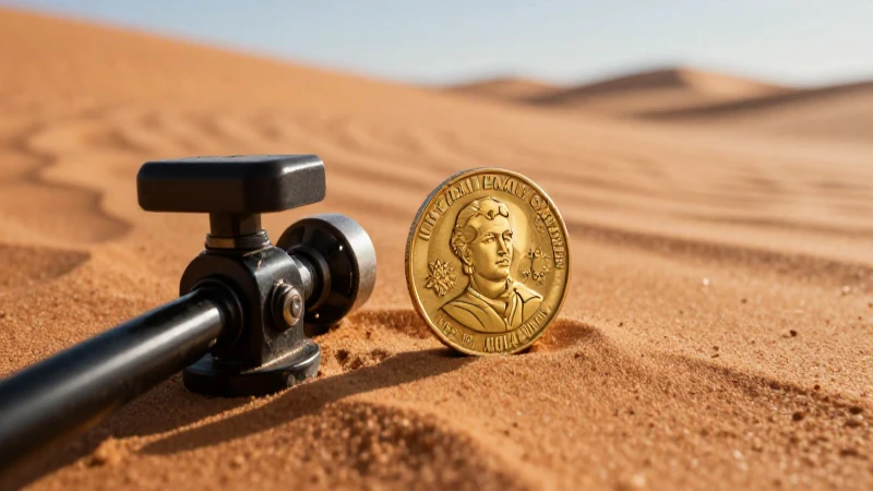 Moneda dorada antigua en desierto soleado