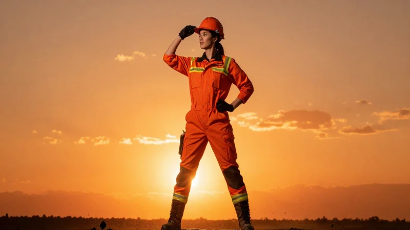 Minera decidida bajo un atardecer dramático y vibrante