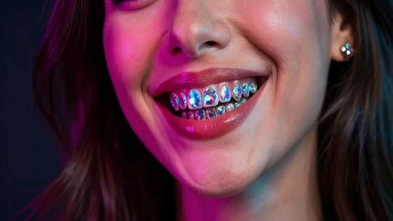 Mujer glamurosa sonríe con grillz llamativos