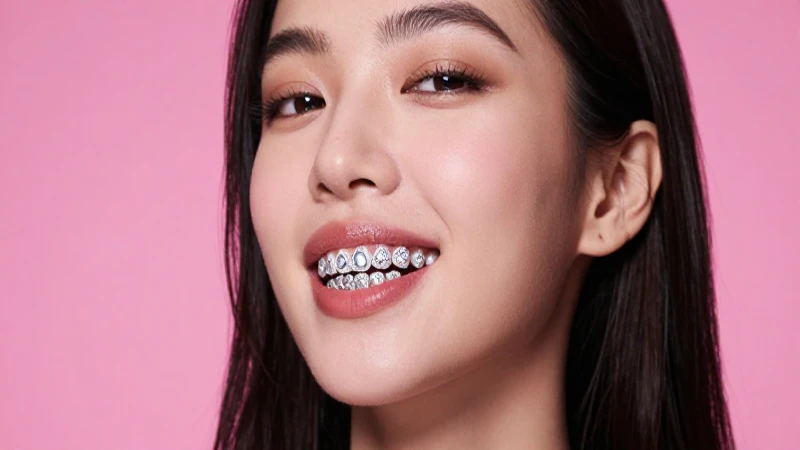 Joven con brillo dental rosa, segura