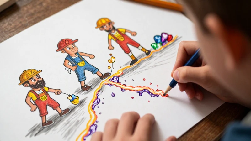 Dibujo infantil: mineros extractan gemas brillantes