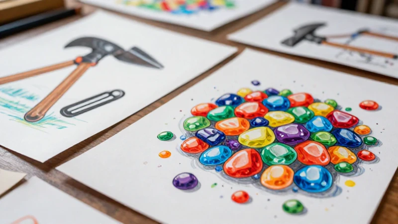 Ilustración infantil llamativa de minería y gemas