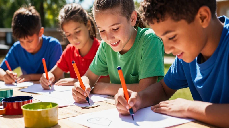 Niños dibujan herramientas mineras alegremente al sol