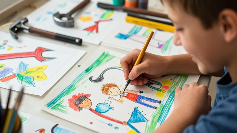 Dibujos infantiles vibrantes sobre herramientas mineras