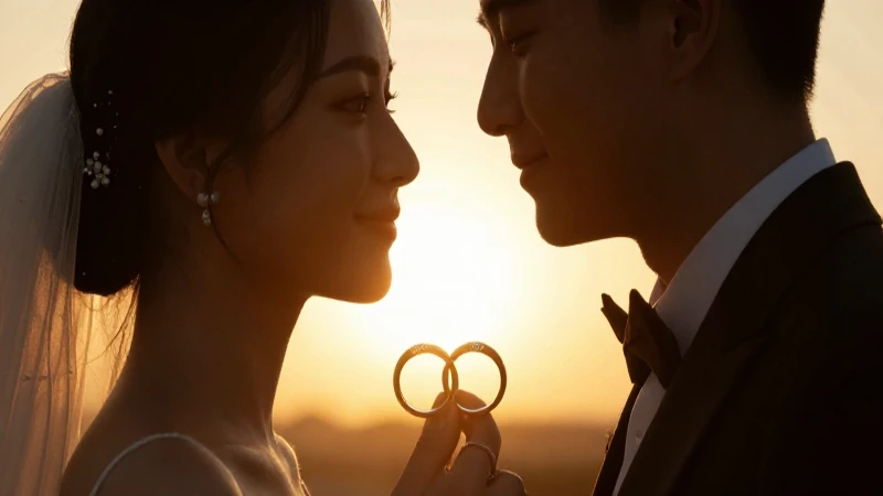 Silueta de pareja con luz dorada y anillos