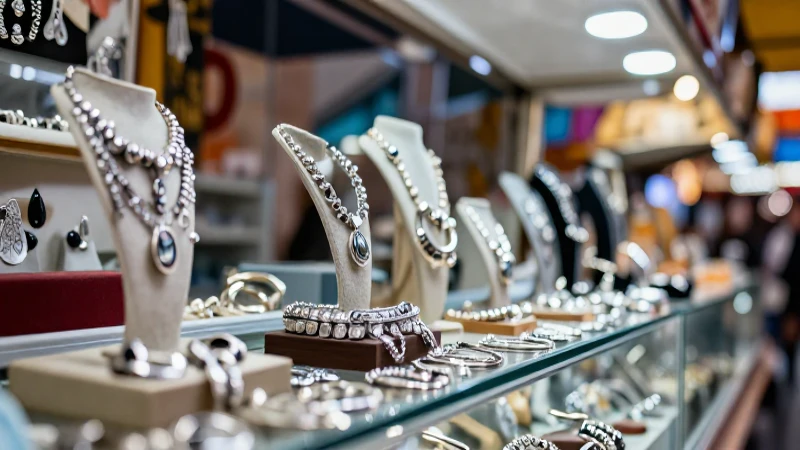 Joyería plateada en mercado con luces vibrantes