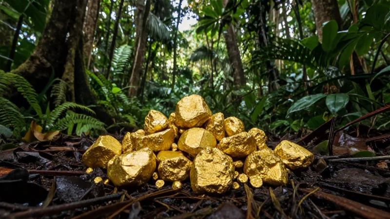 Nuggets dorados en selva, fotografía impactante