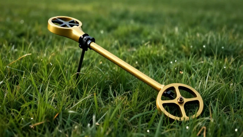 Detector dorado en campo verde, realista y vibrante