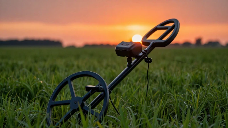 Detectar metal en campo verde al atardecer