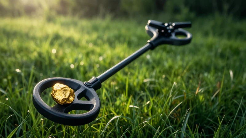 Detector de oro, tesoro brillante sobre el campo