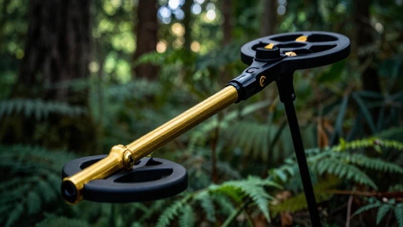 Detector de oro en bosque con dramatismo