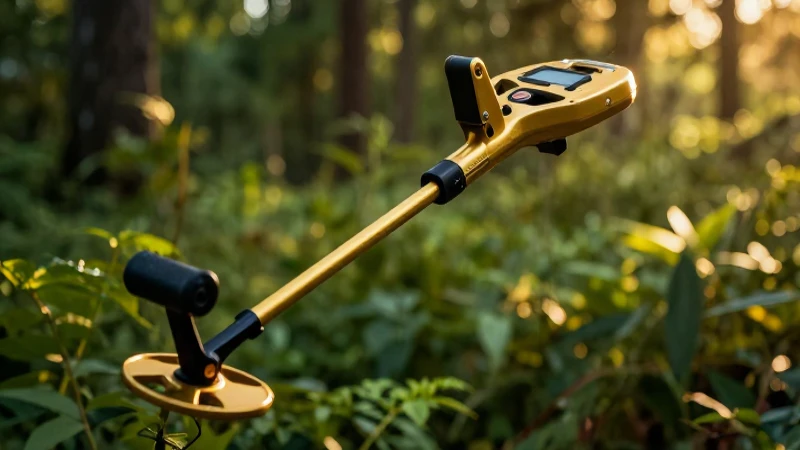 Detector de oro en bosque con luz dorada