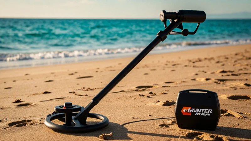 Detector metálico en playa al atardecer dorado