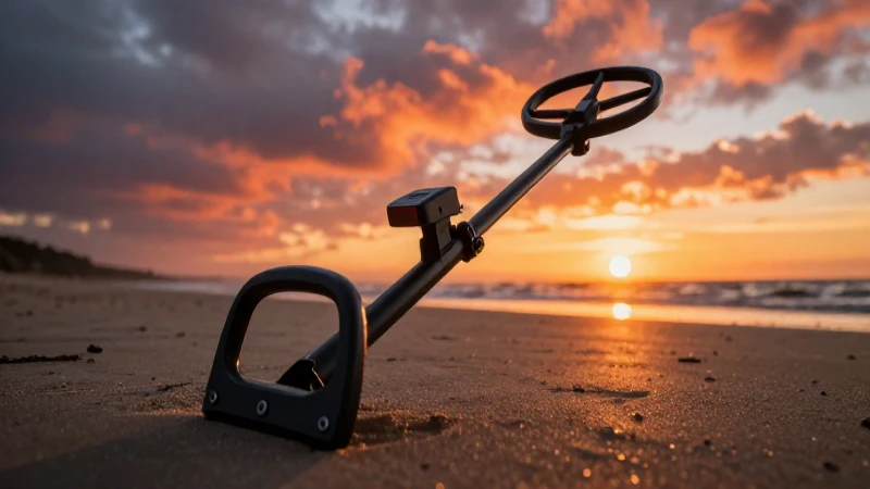 Detectador en la playa al atardecer