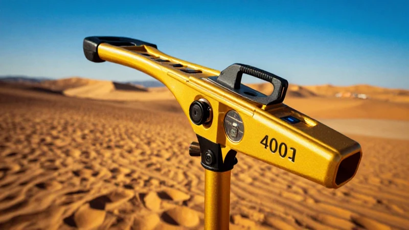 Detector dorado en paisaje desértico cinematográfico