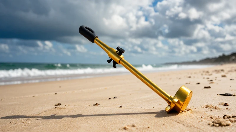 Detector dorado en playa cinematográfica y vibrante