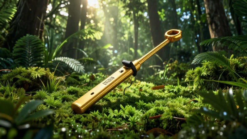 Detector dorado en bosque vibrante y cinematográfico