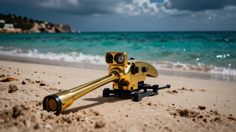 Detector de metales en playa vibrante y cinematográfica