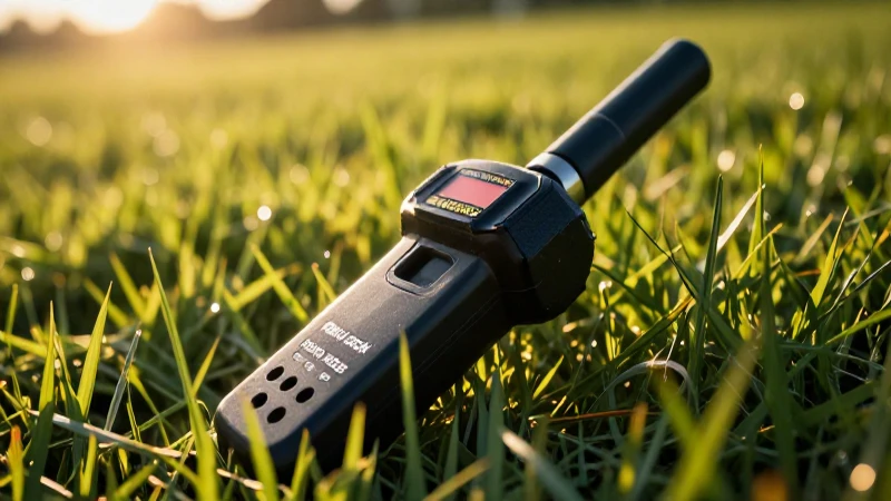 Detector metálico en campo verde al atardecer