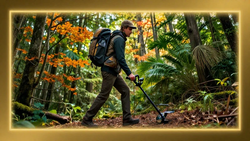 Detectores de metales en bosque otoñal dorado