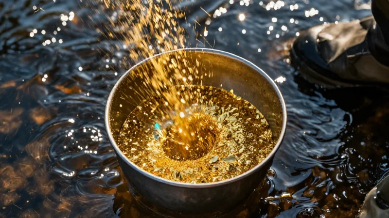 Buscando oro en el río bajo luz dorada