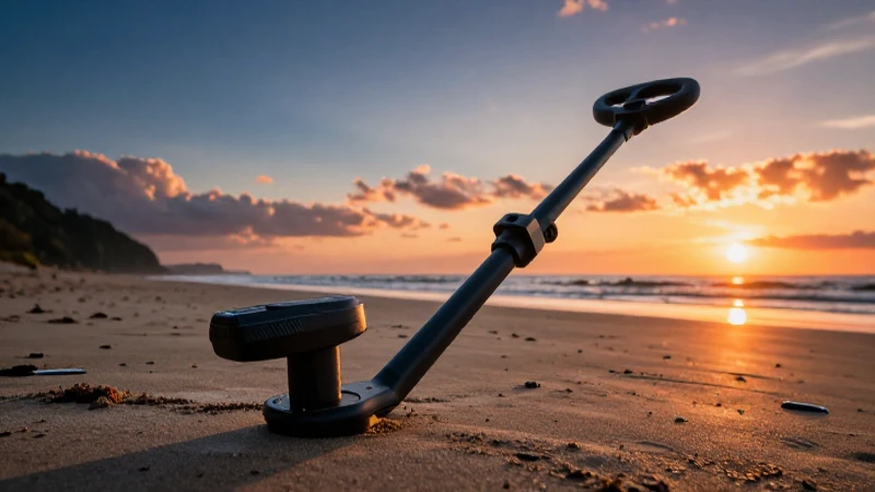 Detectores de metal en playa al atardecer