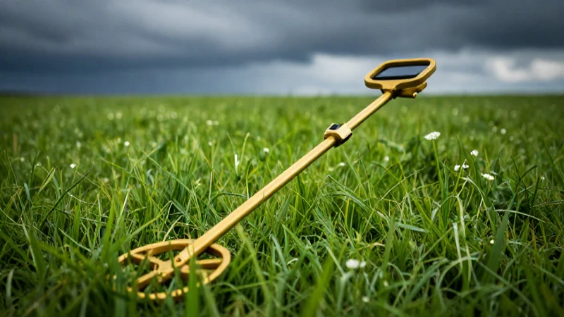 Detector dorado en pradera verde cinematográfica