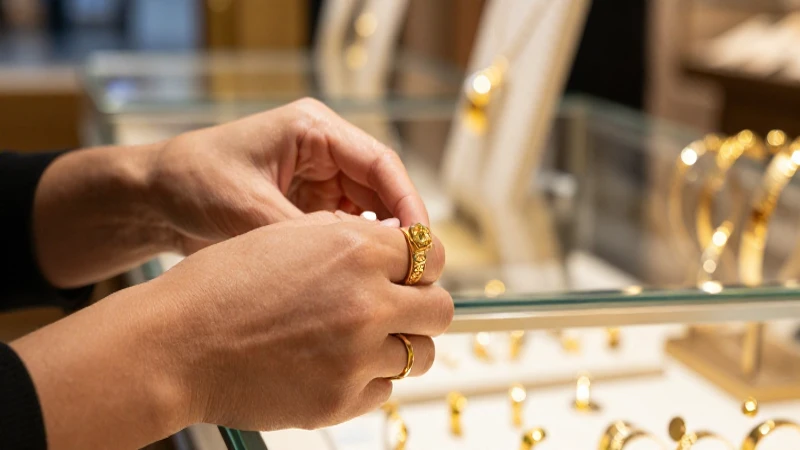 Joyas doradas, manos eligen anillos con elegancia