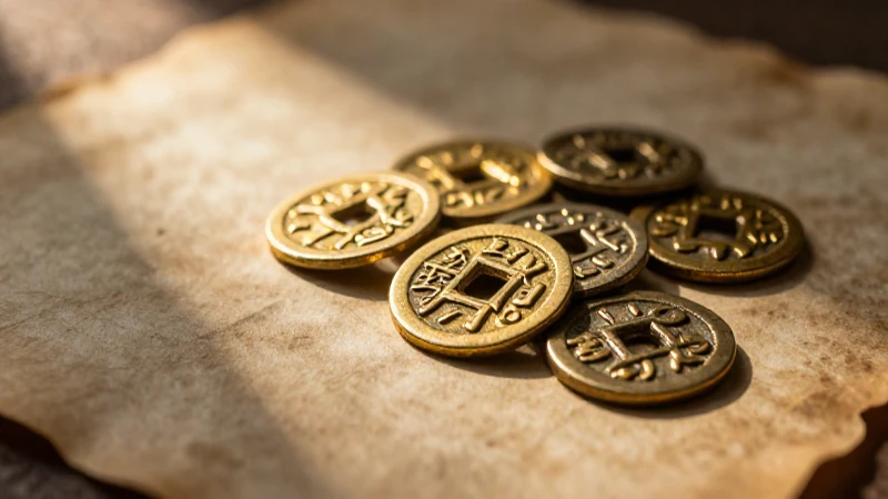 Monedas antiguas brillan en primer plano