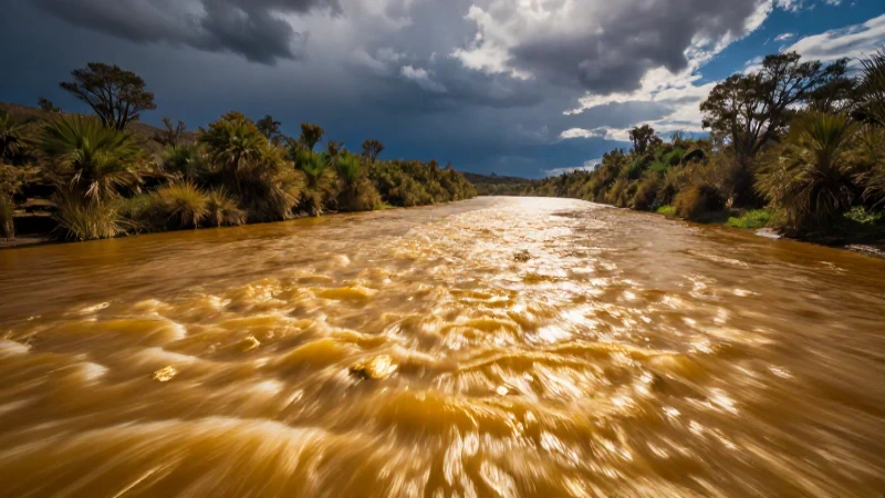 Paisaje fluvial dorado con búsqueda aurífera dramática