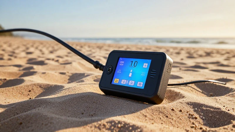 Detector metálico en playa, luz dorada vibrante