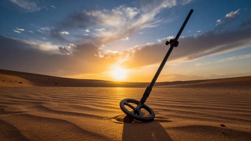Atardecer dorado en desierto con detector metálico