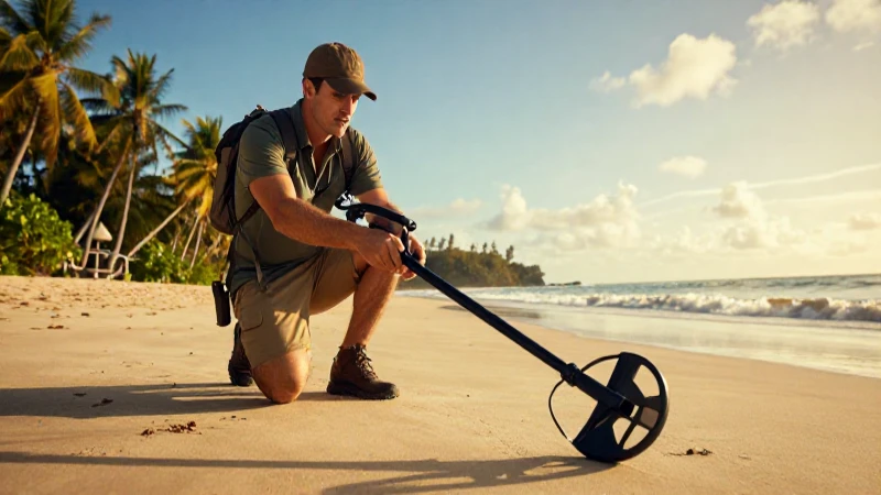 Un buscador de tesoros en una playa dorada