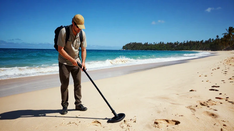 Buscador de tesoros en playa caribeña cinematográfica