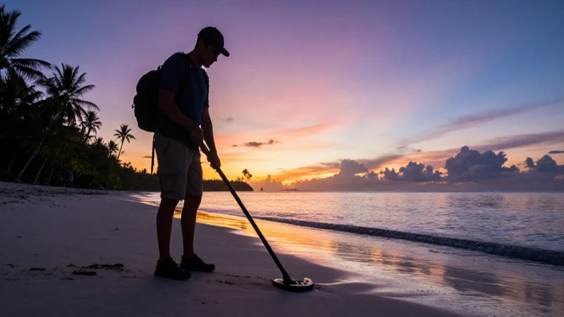 Buscador de tesoros al amanecer en la playa tropical