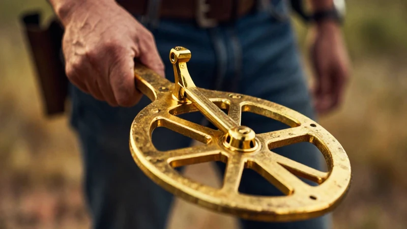 Cazador de tesoros bajo luz cinematográfica dorada