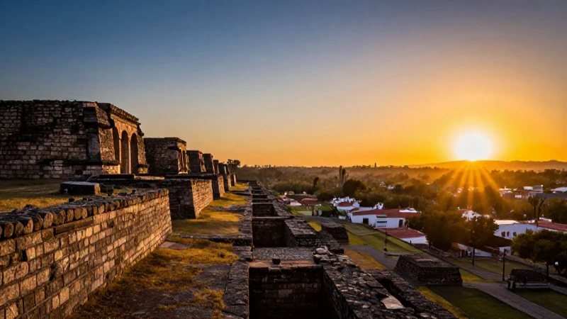 Ruinas antiguas bajo un atardecer dramático