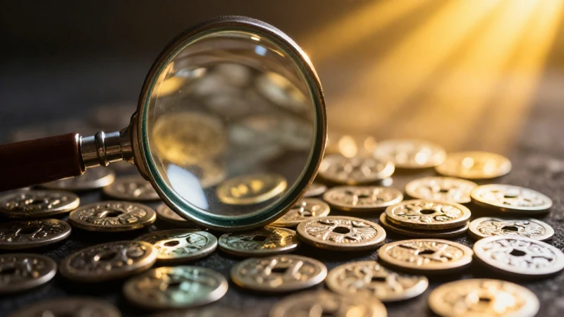 Monedas antiguas bajo luz dorada y foco