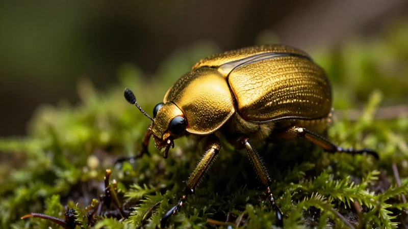 Escarabajo dorado detallado sobre follaje tropical