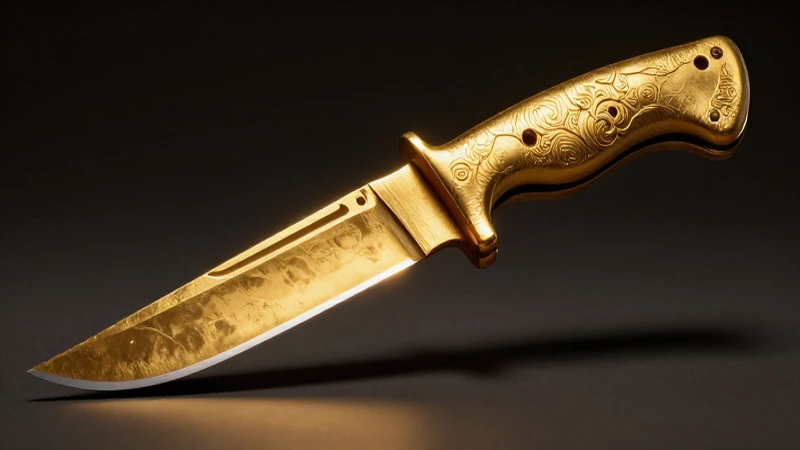 Cuchillo tumi dorado, renderizado fotorrealista en 8K