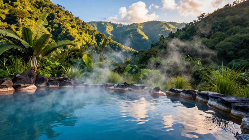Aguas termales, paisaje dorado e idílico