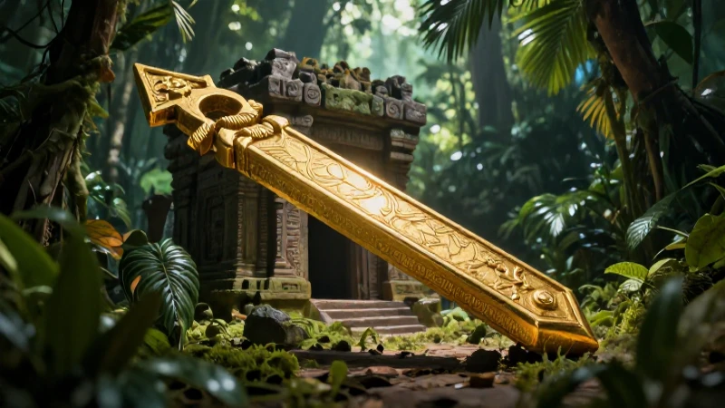 Amuleto dorado en ruinas con luz cinematográfica