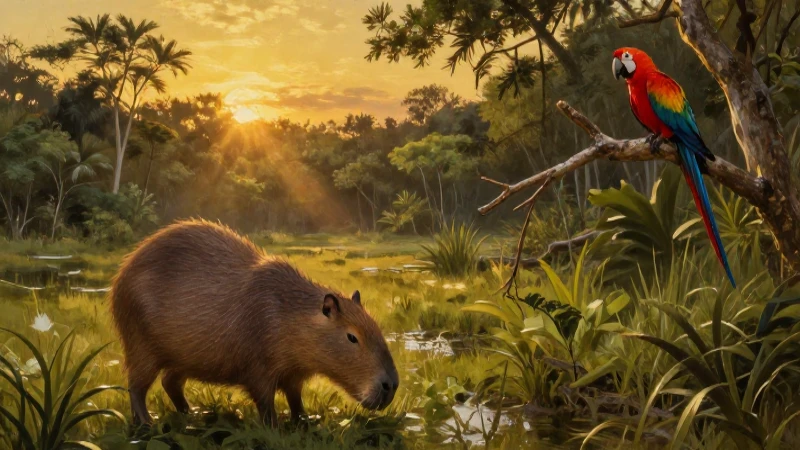 Capibara en humedal mágico bajo luz dorada