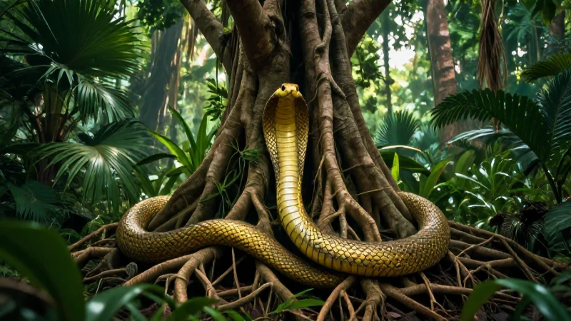 Serpiente dorada en raíces, exuberante y vibrante